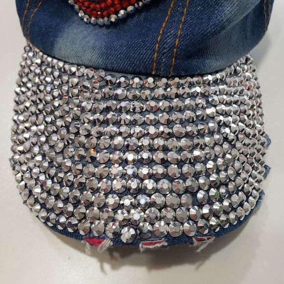 Magid Hats Adjustable Distressed Rhinestone Embellished Denim Baseball Hat / Cap - Picture 3 of 7
